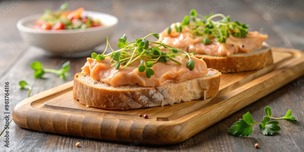 A delicate layer of salmon mousse spread onto a toasted slice of artisanal bread topped with microgreens and arranged on a minimalist wooden cutting board A delicate layer of salmon mousse spread onto a toasted slice of artisanal bread topped with microgreens and arranged on a minimalist wooden cutting board