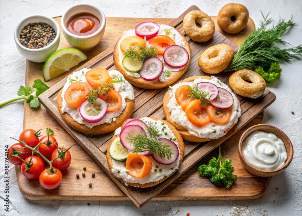 Freshly sliced smoked salmon arranged artfully on a wooden cutting board, surrounded by an assortment of toasted bagels, creamy spreads, and vibrant garnishes Freshly sliced smoked salmon arranged artfully on a wooden cutting board, surrounded by an assortment of toasted bagels, creamy spreads, and vibrant garnishes