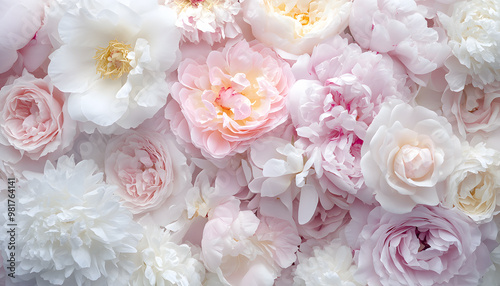 Soft, blooming peonies and roses in pastel shades, adding a delicate and feminine touch