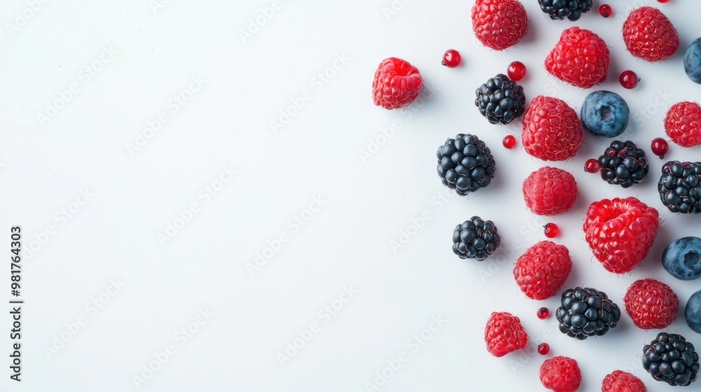 Fresh mixed berries, including raspberries, blueberries, and blackberries, are artfully arranged on a pristine white surface, perfect for snacking Fresh mixed berries, including raspberries, blueberries, and blackberries, are artfully arranged on a pristine white surface, perfect for snacking
