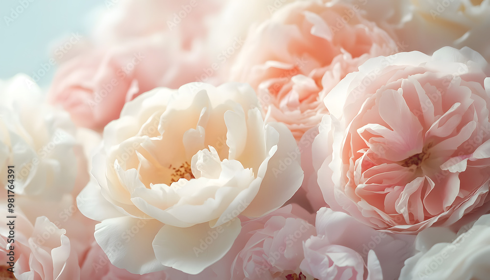 Soft, blooming peonies and roses in pastel shades, adding a delicate and feminine touch Soft, blooming peonies and roses in pastel shades, adding a delicate and feminine touch