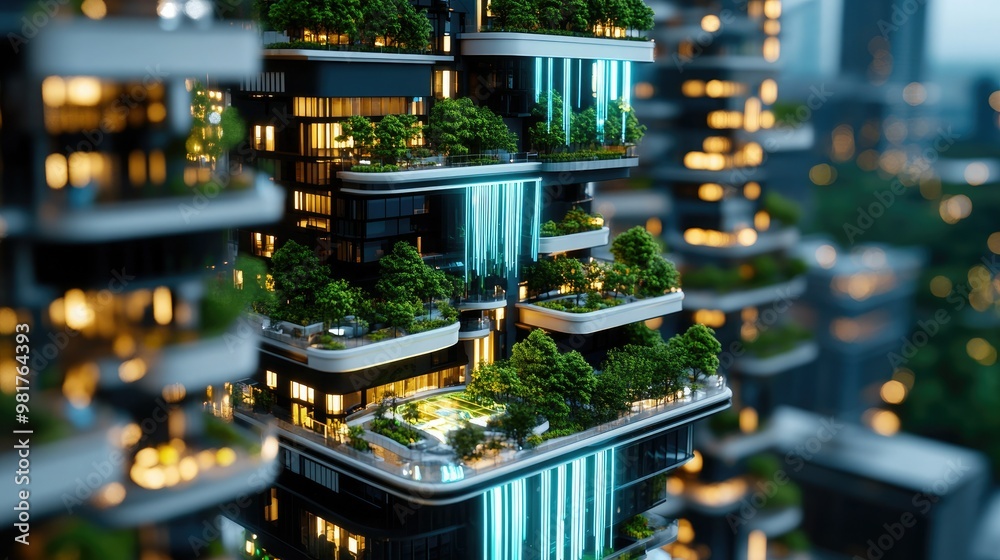 Obraz premium Modern urban building featuring lush greenery on balconies, showcasing innovative architecture and eco-friendly design.
