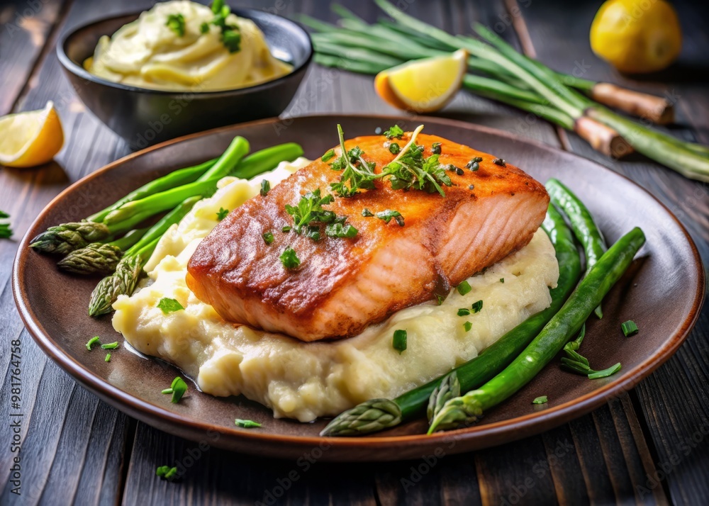 Pan-seared salmon steak served on a plate with a bed of garlic mashed potatoes and steamed asparagus, highlighting the harmonious balance of flavors and textures. Pan-seared salmon steak served on a plate with a bed of garlic mashed potatoes and steamed asparagus, highlighting the harmonious balance of flavors and textures.