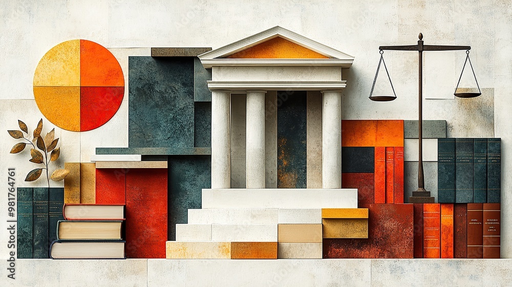 Symbolic Courtroom Collage with Columns and Law Books
