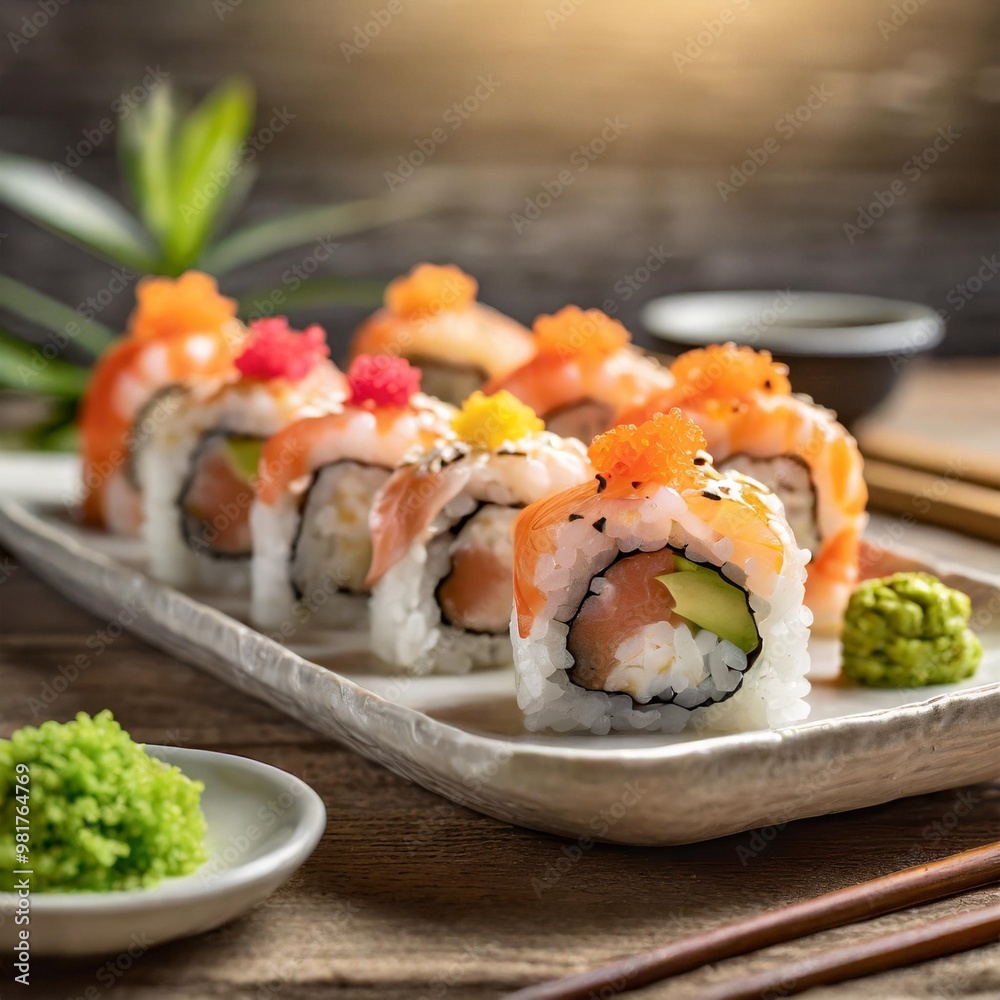 Fresh sushi rolls with depth of field showcasing vibrant seafood fillings and delicate rice Fresh sushi rolls with depth of field showcasing vibrant seafood fillings and delicate rice