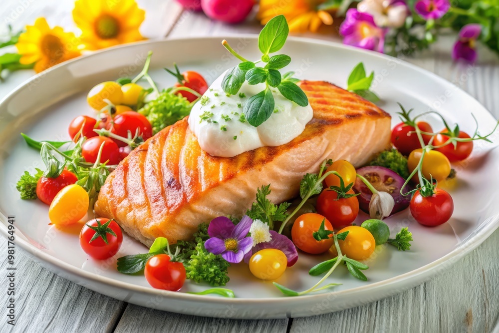 Fresh catch of the day, a beautifully presented grilled salmon fillet adorned with microgreens and edible flowers, served alongside a vibrant summer salad Fresh catch of the day, a beautifully presented grilled salmon fillet adorned with microgreens and edible flowers, served alongside a vibrant summer salad