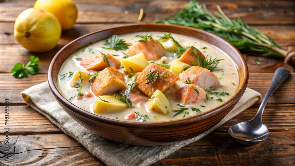 A comforting bowl of salmon chowder, generously portioned with large chunks of fish, tender potatoes, and a sprinkle of fresh dill, all enveloped in a luscious cream sauce A comforting bowl of salmon chowder, generously portioned with large chunks of fish, tender potatoes, and a sprinkle of fresh dill, all enveloped in a luscious cream sauce