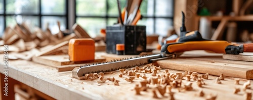 A cluttered woodworking workspace with tools, wood shavings, and materials, ideal for showcasing craftsmanship and artistry.