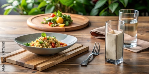 Contemporary wooden table setting with a minimalist aesthetic, comprising a simple yet elegant dinner plate, a slender water glass, and a sleek metal napkin holder photo