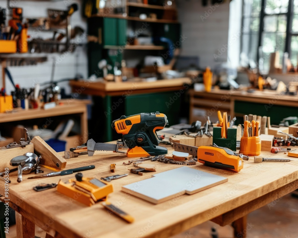 A well-organized woodworking shop featuring various tools on a workbench, showcasing creativity and craftsmanship. A well-organized woodworking shop featuring various tools on a workbench, showcasing creativity and craftsmanship.