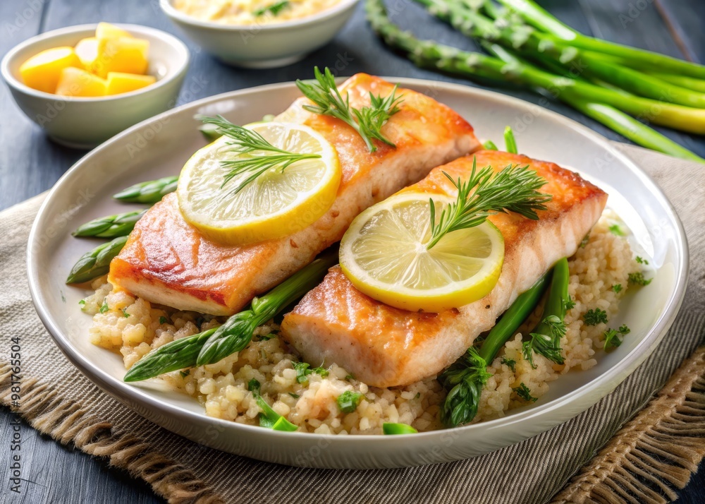 Delicate pan-seared salmon fillets with a zesty lemon butter sauce, served atop a bed of quinoa and steamed asparagus, garnished with a sprinkle of fresh dill and a slice of lemon. Delicate pan-seared salmon fillets with a zesty lemon butter sauce, served atop a bed of quinoa and steamed asparagus, garnished with a sprinkle of fresh dill and a slice of lemon.