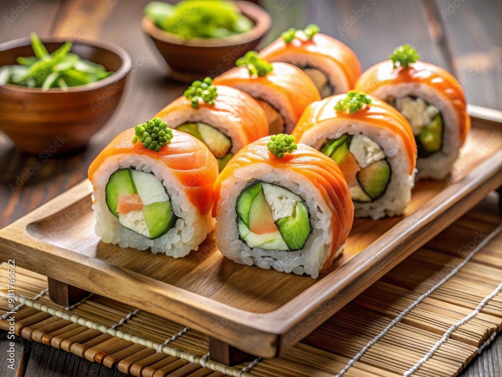 Delicately crafted salmon sushi roll with avocado and cucumber fillings on a modern wooden platter, shot from directly above, highlighting the harmonious arrangement of ingredients and clean lines Delicately crafted salmon sushi roll with avocado and cucumber fillings on a modern wooden platter, shot from directly above, highlighting the harmonious arrangement of ingredients and clean lines