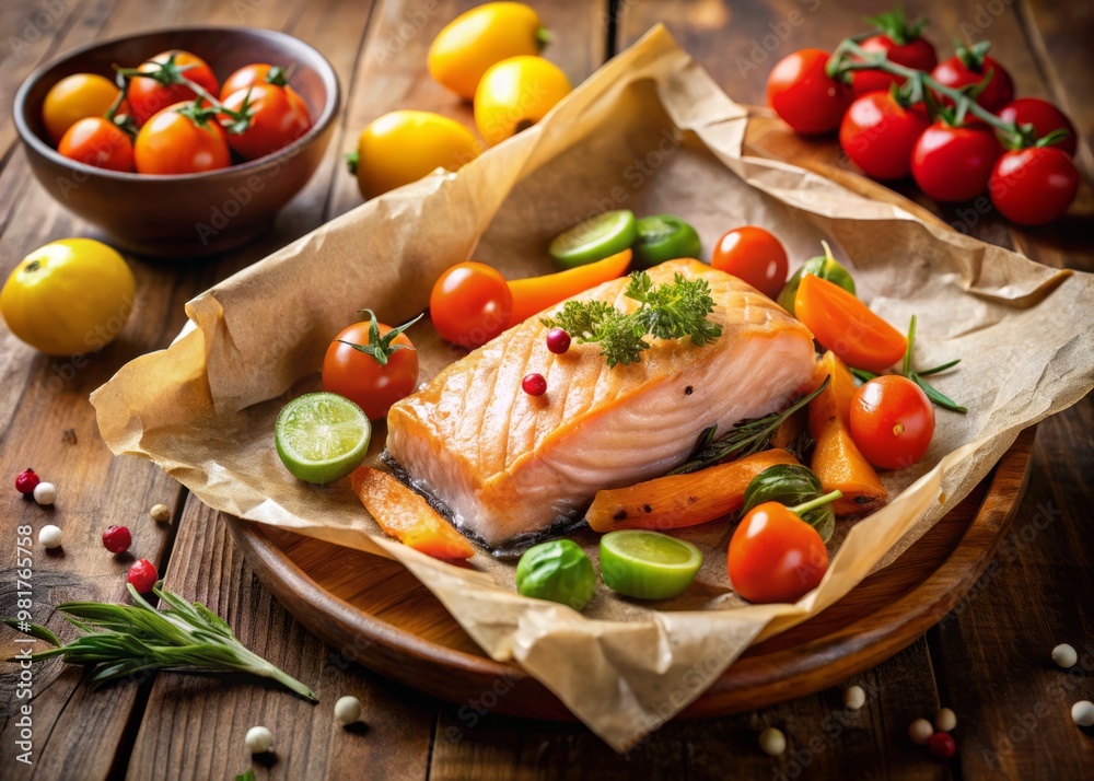 Delicately cooked salmon fillet wrapped in parchment paper, paired with an assortment of colorful vegetables, including cherry tomatoes and carrots Delicately cooked salmon fillet wrapped in parchment paper, paired with an assortment of colorful vegetables, including cherry tomatoes and carrots