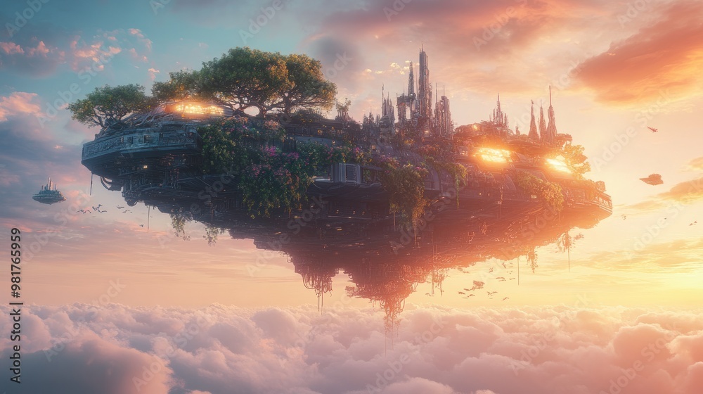 A floating city with lush greenery and intricate architecture above a sea of clouds at sunset. A floating city with lush greenery and intricate architecture above a sea of clouds at sunset.
