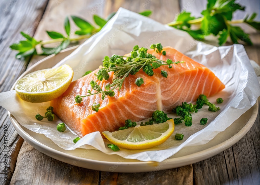 Delicate pink salmon fillet, carefully wrapped in crinkled parchment paper, revealing a peek of vibrant green herbs and a slice of lemon Delicate pink salmon fillet, carefully wrapped in crinkled parchment paper, revealing a peek of vibrant green herbs and a slice of lemon