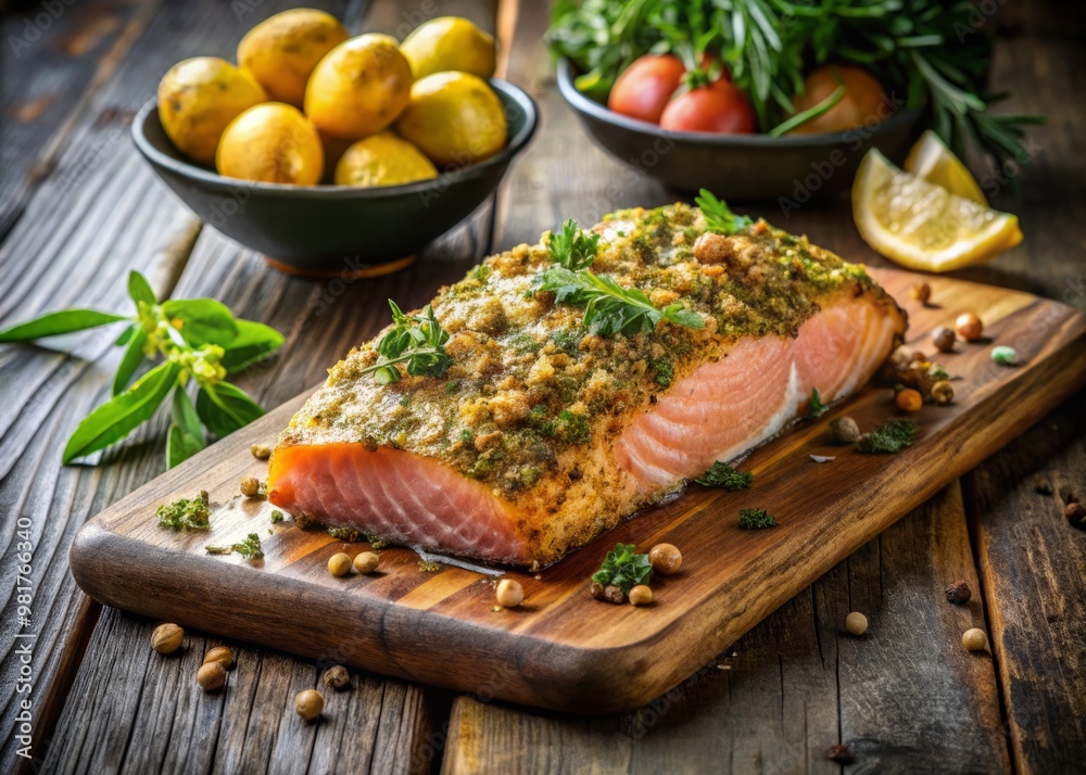 A beautifully presented herb-crusted salmon fillet with a golden brown crust, served alongside a mound of roasted potatoes tossed in a drizzle of olive oil and a sprinkle of rosemary