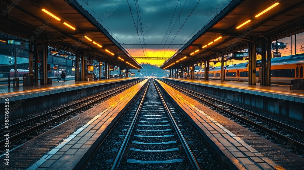Fototapeta premium Empty Train Tracks at a Railway Station Platform with a Train in the Distance