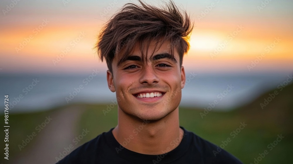 A young man stands outdoors, smiling widely as the sun sets over the horizon, creating a colorful sky and a peaceful atmosphere A young man stands outdoors, smiling widely as the sun sets over the horizon, creating a colorful sky and a peaceful atmosphere