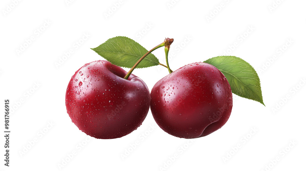Obraz premium Fresh red cherries with green leaves on a white background. Perfect for health, nutrition, and fruit-themed projects.