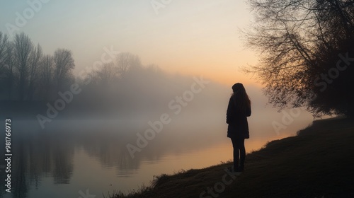 A serene silhouette by a foggy river at dawn, capturing tranquility and reflection.