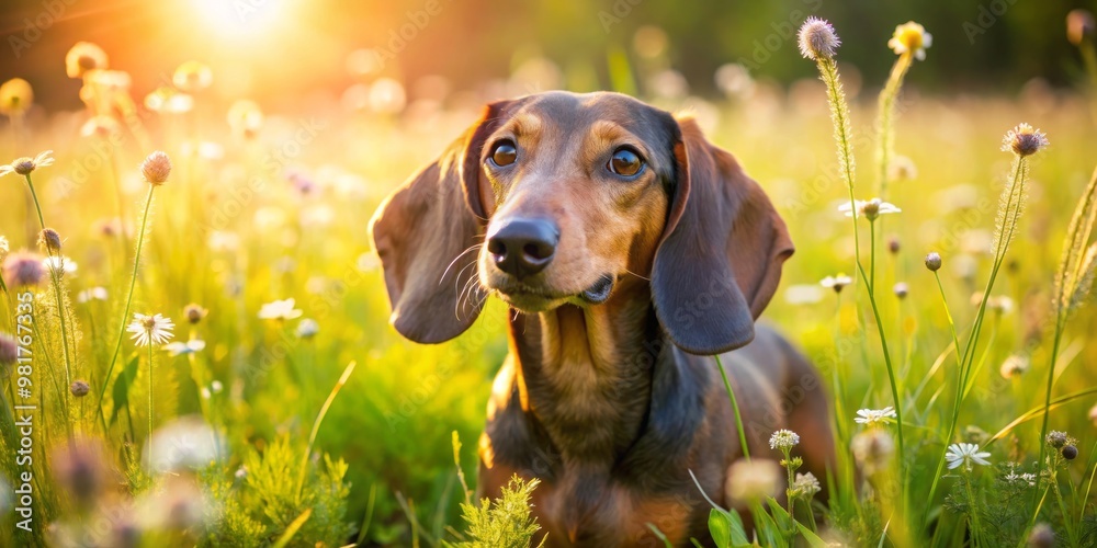 A dachshund with distinctive wrinkles and a curved back explores a sun-kissed meadow, surrounded by towering A dachshund with distinctive wrinkles and a curved back explores a sun-kissed meadow, surrounded by towering
