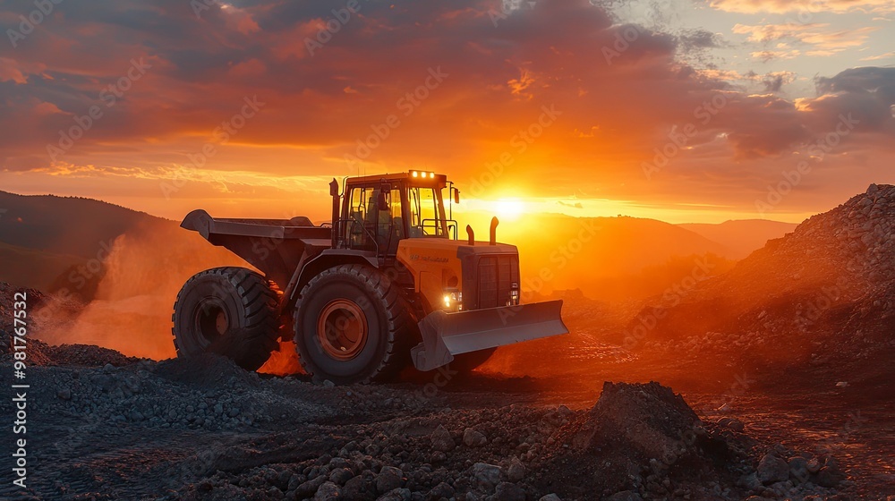 A large yellow dump truck drives through a dirt quarry at sunset. A large yellow dump truck drives through a dirt quarry at sunset.