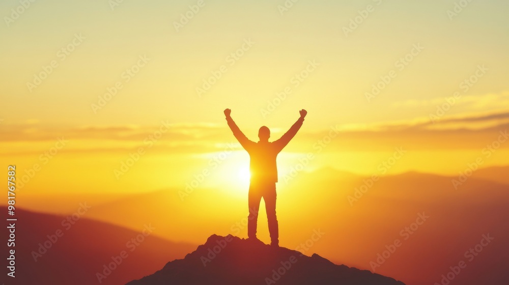 A man stands triumphantly on a mountain peak as the sun rises, radiating warmth and a sense of achievement A man stands triumphantly on a mountain peak as the sun rises, radiating warmth and a sense of achievement