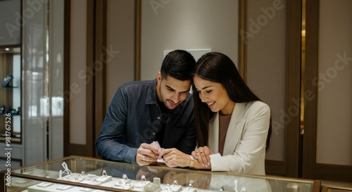 Couple Choosing an Engagement Ring in a Jewelry Store