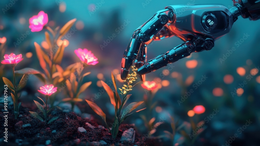 A robotic hand delicately interacts with vibrant flowers in a serene, futuristic environment. A robotic hand delicately interacts with vibrant flowers in a serene, futuristic environment.