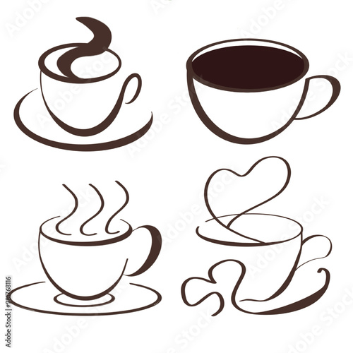 Coffee cafe logo. Coffee cup illustration.Cup of tea with swirl steam lines vector. coffee tea symbol collection. Set illustration of coffee or tea cup with steam rising isolating on white background.