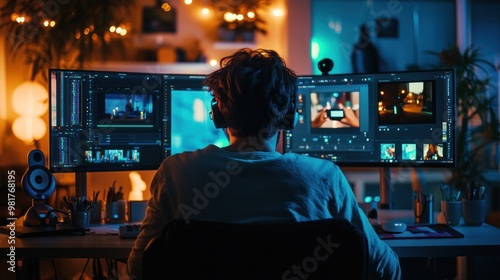 A person edits videos on multiple monitors in a dimly lit workspace.