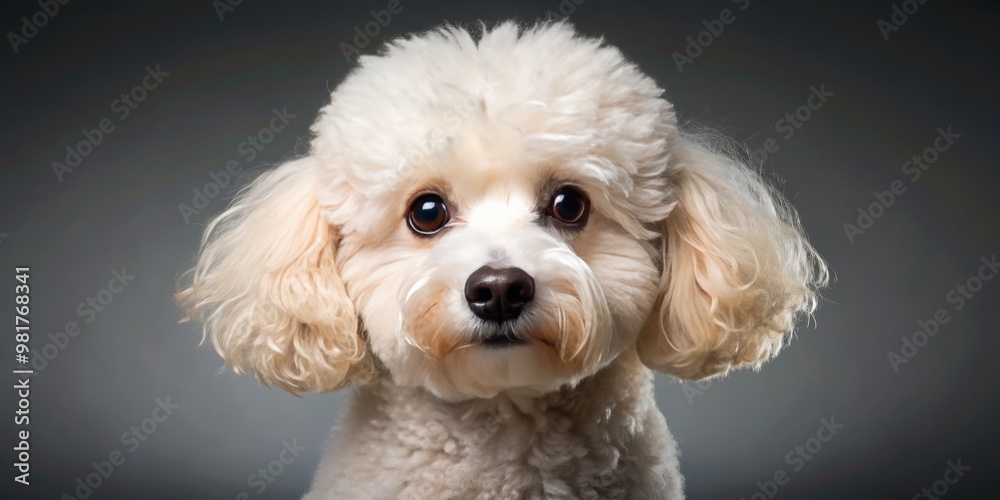 Adorable teacup poodle with fluffy white fur and curious brown eyes posed attentively in studio Adorable teacup poodle with fluffy white fur and curious brown eyes posed attentively in studio