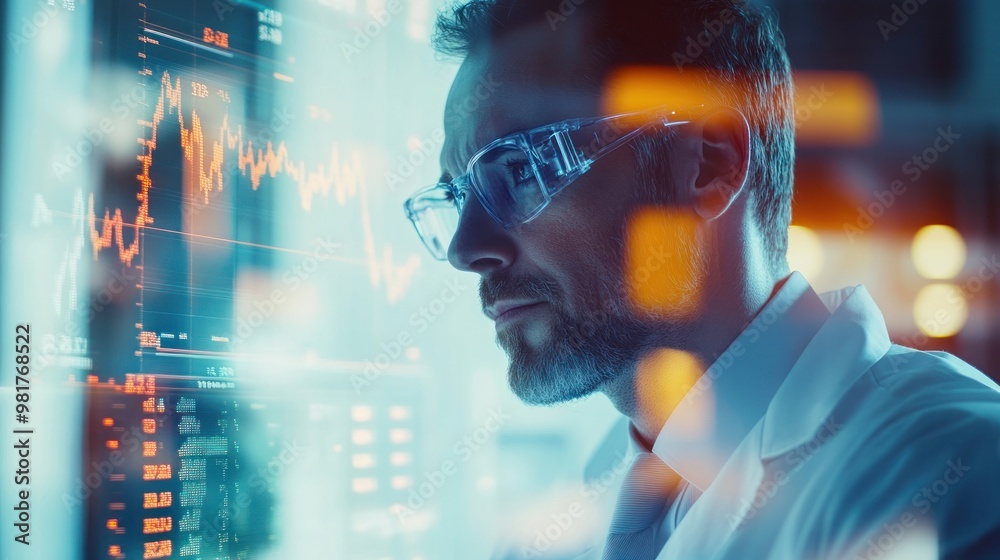 A scientist analyzes data on a digital interface, showcasing technology and research. A scientist analyzes data on a digital interface, showcasing technology and research.