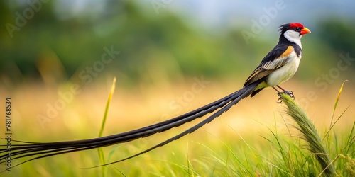 African grassland with a male pin-tailed whydah bird in breeding plumage with long ornamental tail feathers photo