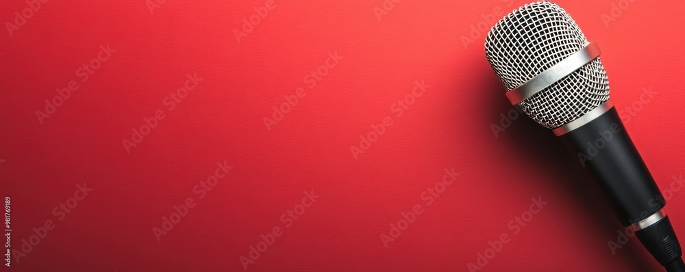 Obraz premium Retro-style microphone on a red background, vintage audio, classic design, music performance