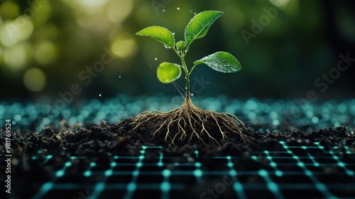 A young plant sprouting from soil, symbolizing growth and sustainability in a digital environment. photo