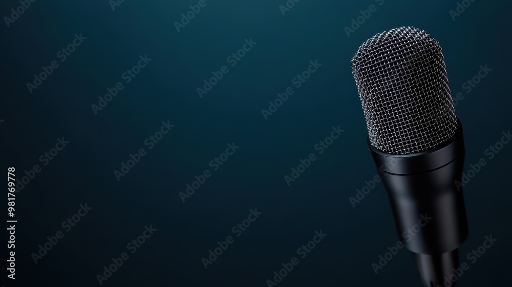 A sleek black studio microphone with a metallic mesh head, floating on a dark gradient blue background A sleek black studio microphone with a metallic mesh head, floating on a dark gradient blue background