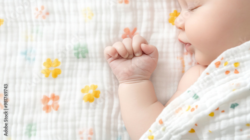 A close up of babys tiny hand gently touching soft, colorful blanket, capturing innocence and tenderness of early life. delicate features evoke warmth and love
