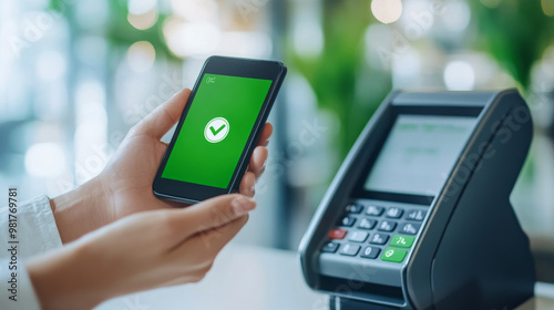 A close up of persons hand holding smartphone displaying green checkmark, indicating successful transaction at payment terminal. scene conveys sense of convenience and modern technology in financial t photo