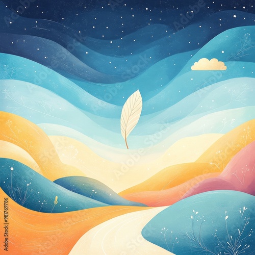 A dreamy landscape with a floating feather against a backdrop of starry skies and soft, flowing hills. Suitable for children's books and relaxation illustrations.