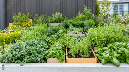 A modern kitchen garden overflowing with lush assortment of herbs and vegetables, showcasing vibrant greens and colorful flowers. This garden is perfect blend of nature and design, ideal for culinary