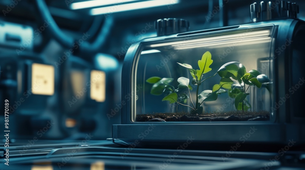 Obraz premium A futuristic plant growth chamber showcasing small plants in a controlled environment.