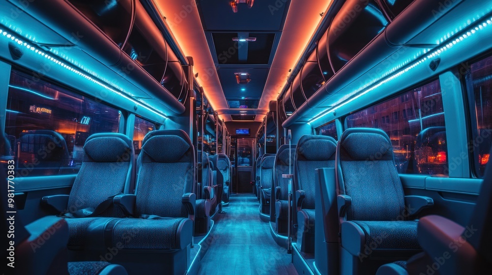 A modern bus interior illuminated with vibrant blue and orange lighting, featuring comfortable seats. A modern bus interior illuminated with vibrant blue and orange lighting, featuring comfortable seats.