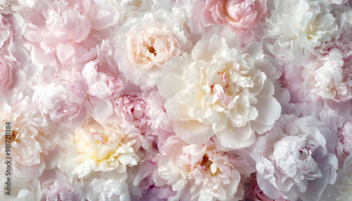 Soft, blooming peonies and roses in pastel shades, adding a delicate and feminine touch