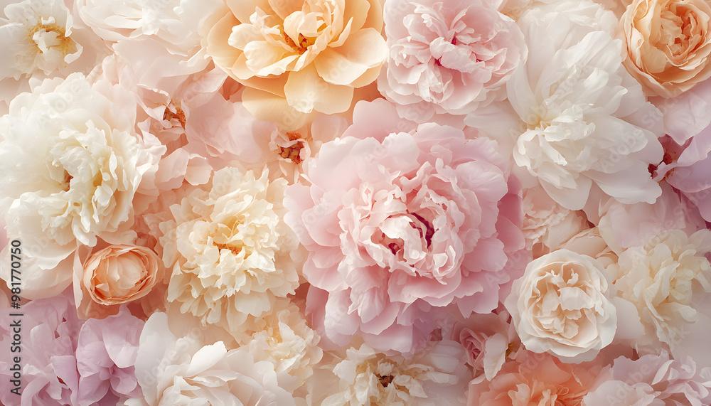 Soft, blooming peonies and roses in pastel shades, adding a delicate and feminine touch Soft, blooming peonies and roses in pastel shades, adding a delicate and feminine touch