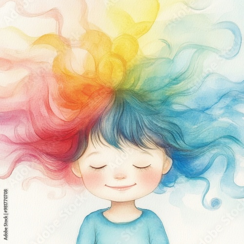 A whimsical image of a child with floating rainbow-colored hair, representing imagination and joy. Perfect for children’s stories and sophrology.