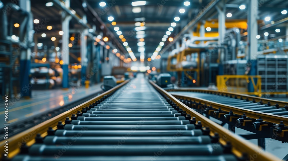 Conveyor belts lined with materials in a high-tech manufacturing plant, heavy machines operating around the clock, modern setup