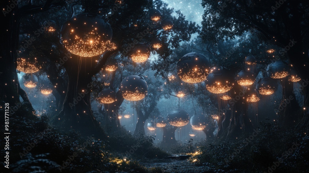 A magical forest illuminated by glowing orbs amidst dark trees and a starry sky. A magical forest illuminated by glowing orbs amidst dark trees and a starry sky.