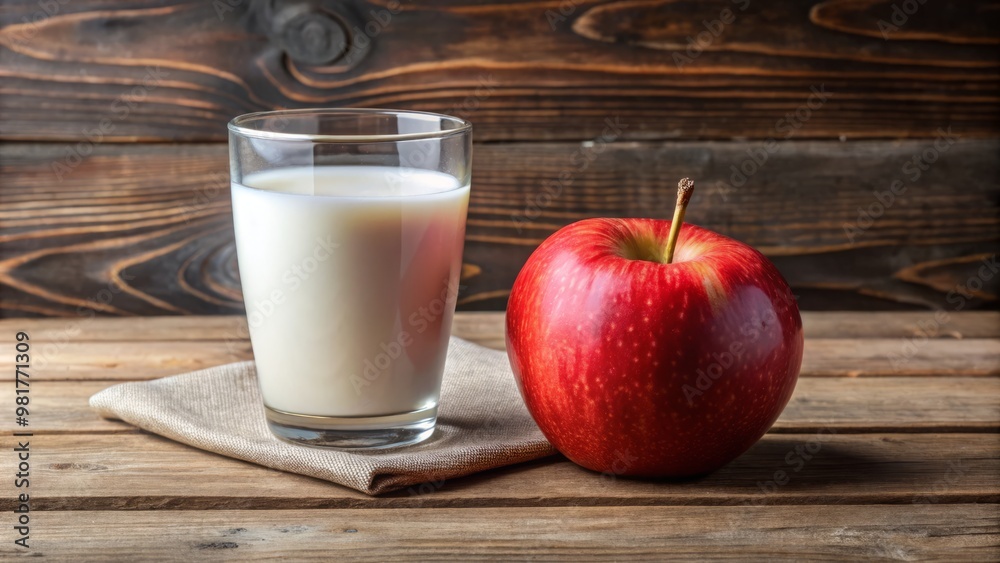 A red apple and creamy milk sit on a wooden table, illuminated by warm soft lighting and complemented A red apple and creamy milk sit on a wooden table, illuminated by warm soft lighting and complemented