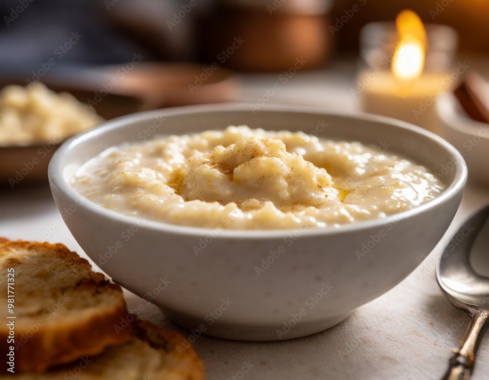 Comforting breakfast porridge with depth of field showcasing creamy textures and warm flavors Comforting breakfast porridge with depth of field showcasing creamy textures and warm flavors